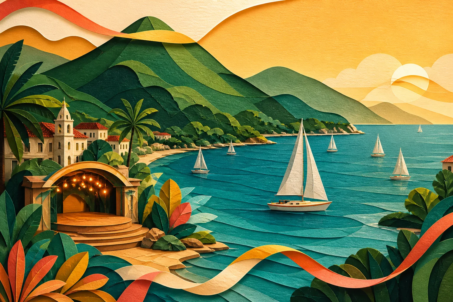 Ilustração editorial de Ilhabela com montanhas, mar, veleiros e programação cultural
