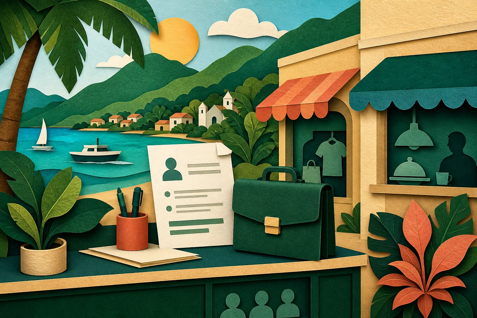 Ilustração editorial de oportunidades de trabalho e serviços em Ilhabela