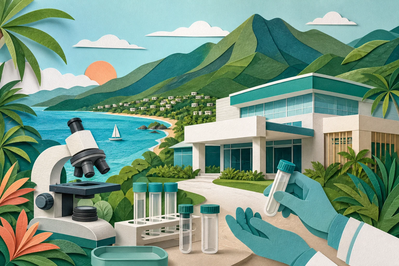 Ilustração editorial de saúde, laboratório e atendimento hospitalar em Ilhabela