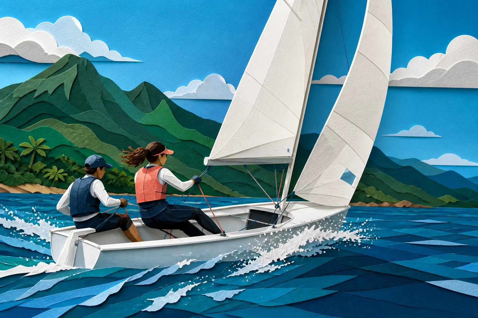 Ilustração editorial de veleiros em competição diante das montanhas de Ilhabela